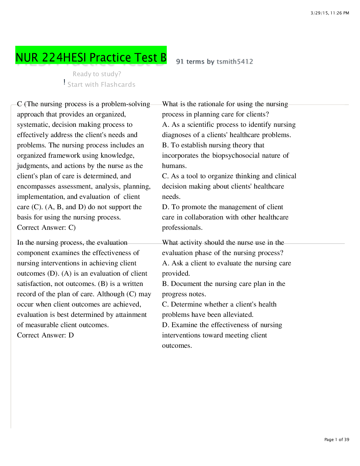 Preview of NUR 224HESI Practice Test B